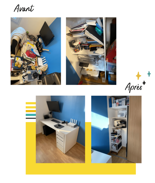 Transformation bureau à domicile par Home Organizer Nantes - avant-après spectaculaire. Bureau encombré métamorphosé en espace de travail dynamique avec mur bleu et touches de jaune. Organisation professionnelle et fonctionnelle par HO BLANDINE avec rangements optimisés et bureau ergonomique pour plus de productivité.