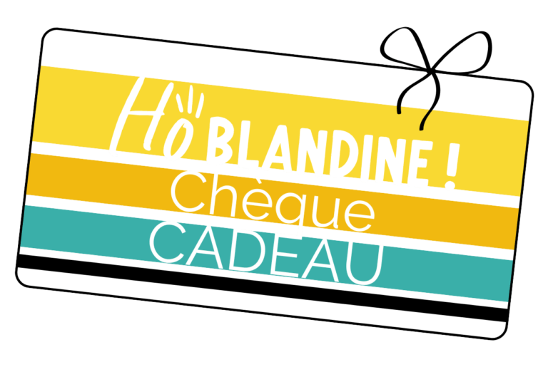 Page de chèque cadeau Home Organizer Nantes aux couleurs jaune soleil et turquoise. Design moderne et élégant pour offrir les services d'organisation et de rangement par HO BLANDINE. Carte cadeau professionnelle avec noeud graphique noir.