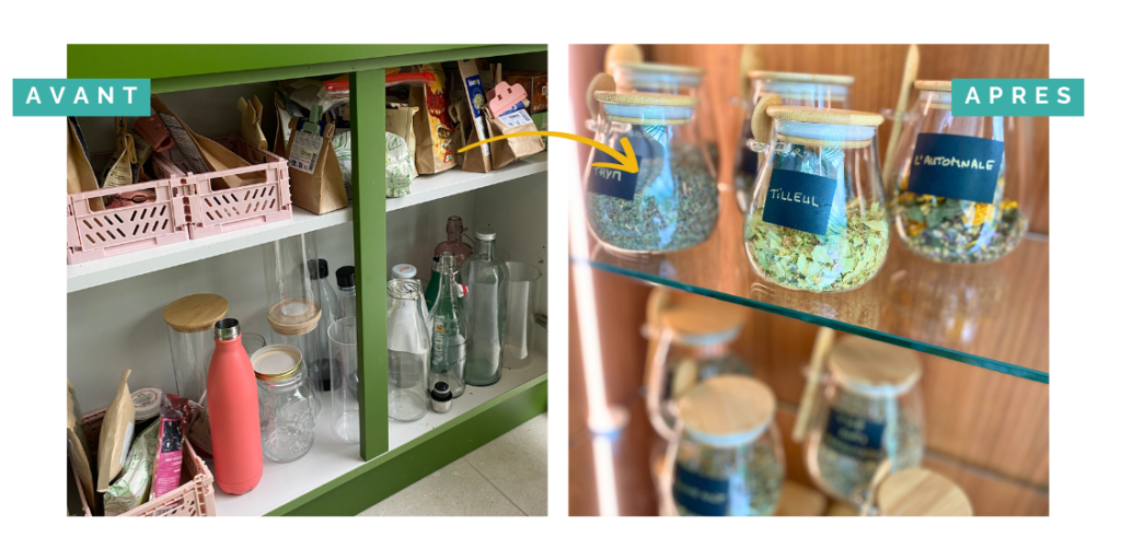 Transformation du placard de cuisine par Home Organizer Nantes - avant-après avec flèche jaune. Evolution d'étagères encombrées de sachets et bouteilles vers un rangement harmonieux de tisanes en bocaux étiquetés, illustrant l'expertise d'organisation par HO BLANDINE pour une cuisine zen et fonctionnelle.