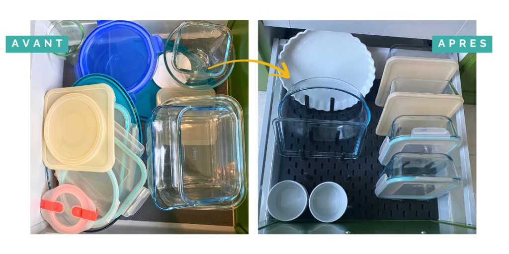 Transformation du rangement de boîtes et contenants par Home Organizer Nantes - avant-après avec flèche jaune dynamique. Passage d'un tiroir encombré à un système de rangement vertical optimisé avec égouttoir noir, illustrant l'expertise d'organisation fonctionnelle par HO BLANDINE pour une cuisine pratique et ordonnée.