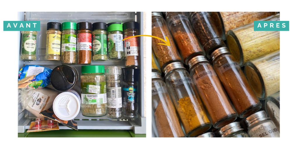 Transformation du rangement d'épices par Home Organizer Nantes - avant-après avec flèche jaune. Evolution d'un placard d'épices dépareillées vers des bocaux uniformes et étiquetés, illustrant l'expertise d'organisation et d'harmonisation par HO BLANDINE pour une cuisine fonctionnelle et esthétique