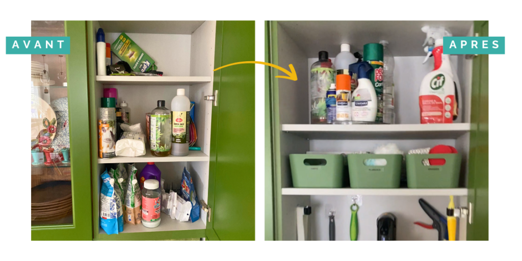 Transformation du placard de produits ménagers par Home Organizer Nantes - avant-après avec flèche jaune. Evolution d'un rangement encombré vers un système organisé avec bacs verts coordonnés et supports pour balais, illustrant l'expertise d'organisation par HO BLANDINE pour un espace de rangement pratique et fonctionnel.