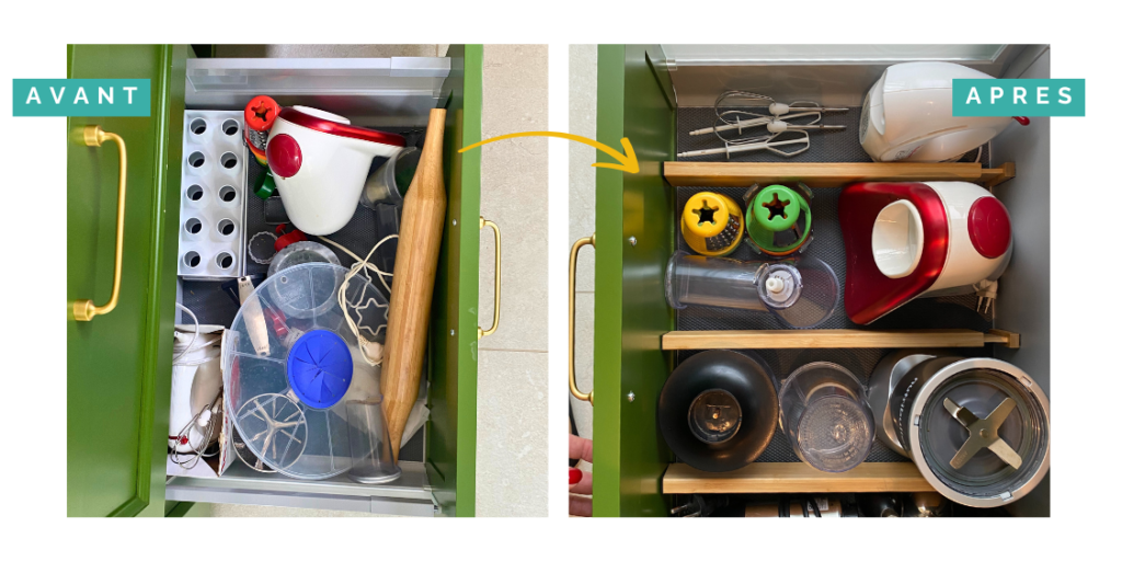 Transformation d'un tiroir de cuisine par Home Organizer Nantes - avant-après avec flèche jaune. Evolution d'un tiroir d'ustensiles en désordre vers un rangement structuré avec séparateurs, accessoires colorés et organisation verticale, démontrant l'expertise d'optimisation d'espace par HO BLANDINE pour une cuisine pratique et fonctionnelle.