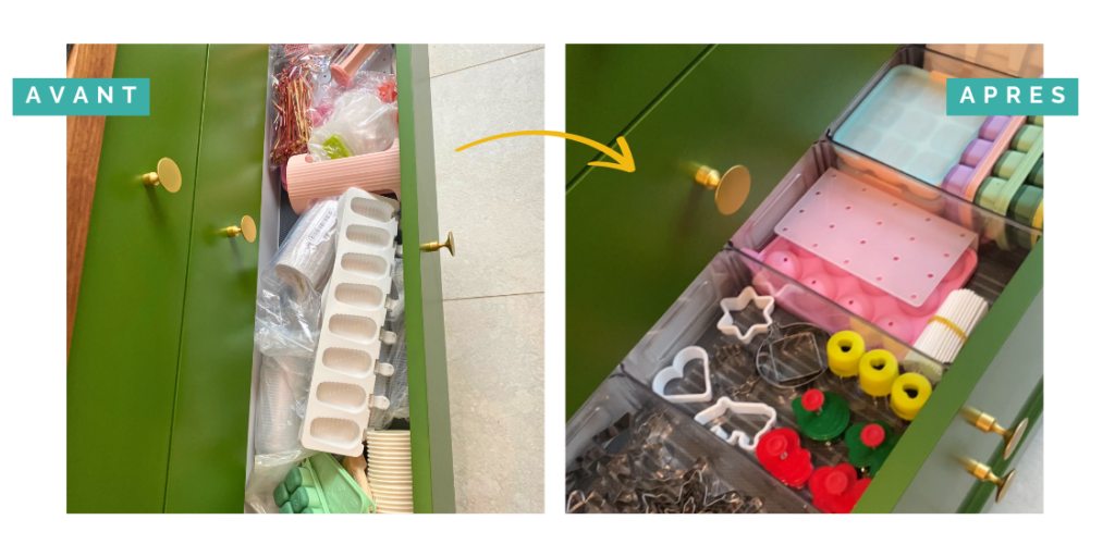 Transformation d'un placard de cuisine par Home Organizer Nantes - avant-après avec flèche jaune. Evolution d'un tiroir encombré de moules et emballages vers un rangement ordonné d'emporte-pièces et accessoires pâtisserie, illustrant l'expertise d'organisation par HO BLANDINE pour une cuisine fonctionnelle et créative.