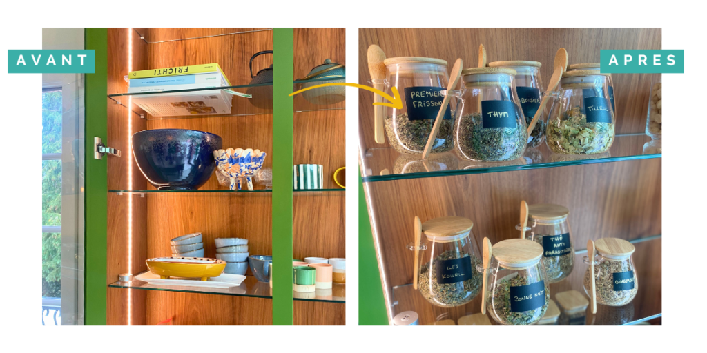 Transformation des étagères de cuisine par Home Organizer Nantes - avant-après avec flèche jaune. Evolution d'une vitrine encombrée de vaisselle colorée vers un rangement épuré d'épices en bocaux étiquetés avec cuillères en bois, démontrant l'expertise d'organisation et d'harmonisation par HO BLANDINE pour une cuisine élégante et fonctionnelle.