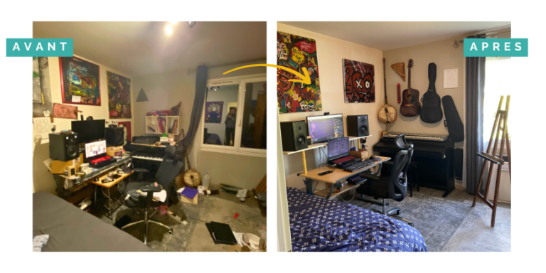 Transformation d'un studio musique par Home Organizer Nantes HO BLANDINE : avant - espace créatif désordonné avec matériel audio éparpillé ; après - studio optimisé avec poste de travail ergonomique, décoration street art et équipement audio professionnel bien agence. Home Organizer La Baule, experte en organisation d'espaces artistiques Loire-Atlantique.