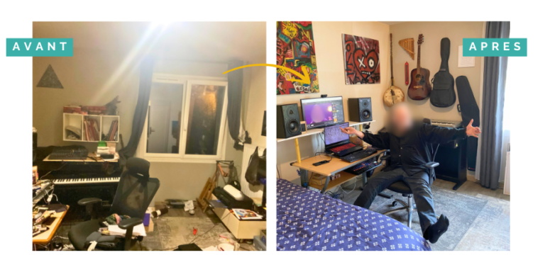 Transformation d'un studio musical par Home Organizer Nantes HO BLANDINE : avant - espace sombre et désordonné avec matériel audio au sol ; après - studio optimisé avec poste de travail ergonomique, équipement audio bien disposé et décoration street art dynamique. Home Organizer La Baule, experte en aménagement d'espaces créatifs Loire-Atlantique.