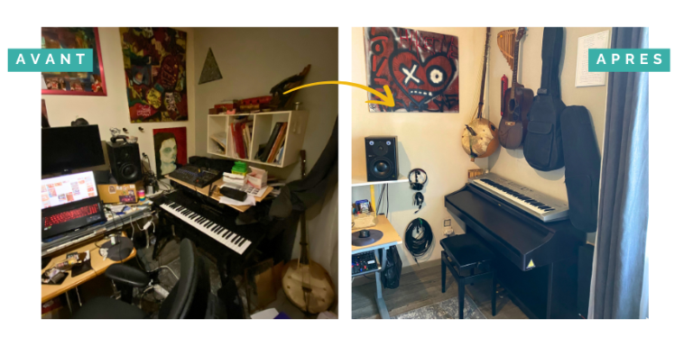 Transformation d'un coin piano par Home Organizer Nantes HO BLANDINE : avant - piano encombré de partitions et rangement chaotique ; après - espace musical harmonieux avec piano dégagé, système audio bien intégré et décoration street art dynamique. Home Organizer La Baule, experte en organisation d'espaces musicaux Loire-Atlantique.