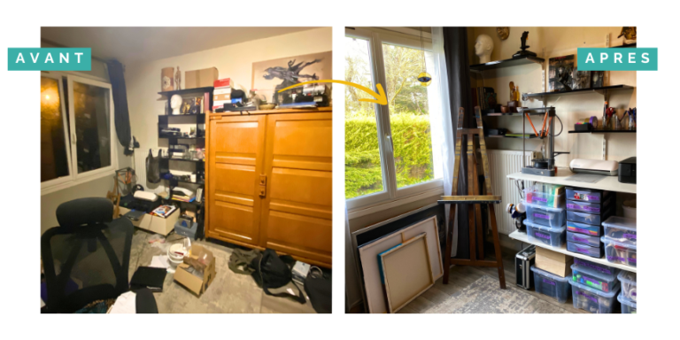 Transformation d'un coin rangement par Home Organizer Nantes HO BLANDINE : avant - grande armoire encombrée et matériel au sol ; après - espace lumineux avec vue sur jardin, chevalet d'artiste en place et toiles soigneusement rangées. Home Organizer La Baule, experte en aménagement d'espaces créatifs Loire-Atlantique.
