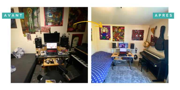 Transformation d'un studio créatif par Home Organizer Nantes HO BLANDINE : avant - espace sombre avec matériel musical et artistique dispersé ; après - studio multifonction lumineux avec poste de travail optimisé, lit confortable et décoration street art valorisée. Home Organizer La Baule, experte en aménagement d'espaces créatifs Loire-Atlantique.
