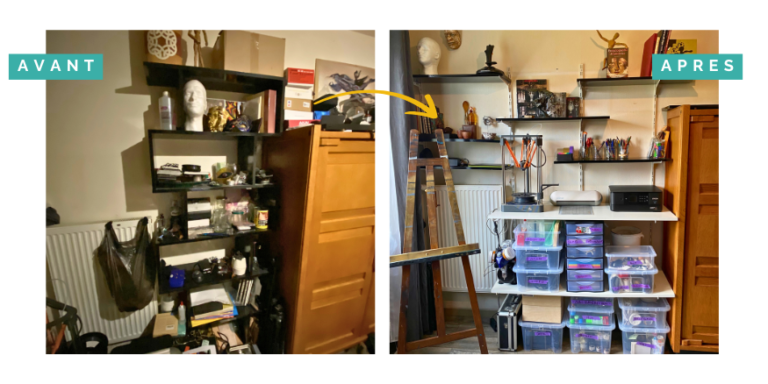 Transformation d'un coin matériel par Home Organizer Nantes HO BLANDINE : avant - armoire surchargée avec équipements artistiques entassés ; après - étagères murales aérées avec chevalet d'artiste et matériel créatif facilement accessible. Home Organizer La Baule, experte en aménagement d'espaces artistiques Loire-Atlantique.