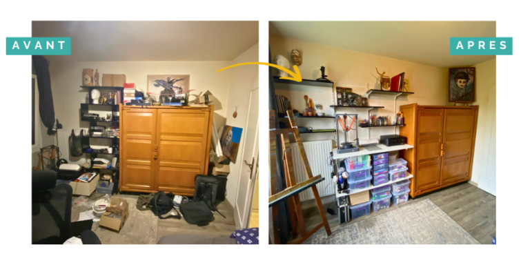Transformation d'un espace rangement par Home Organizer Nantes HO BLANDINE : avant - armoire encombrée et sacs au sol ; après - étagères murales fonctionnelles avec rangements transparents et objets artistiques mis en valeur. Home Organizer La Baule, experte en organisation d'espaces créatifs Loire-Atlantique.
